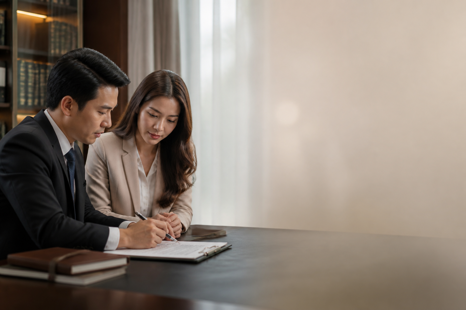 Two business partners reviewing contract terms during an important business discussion