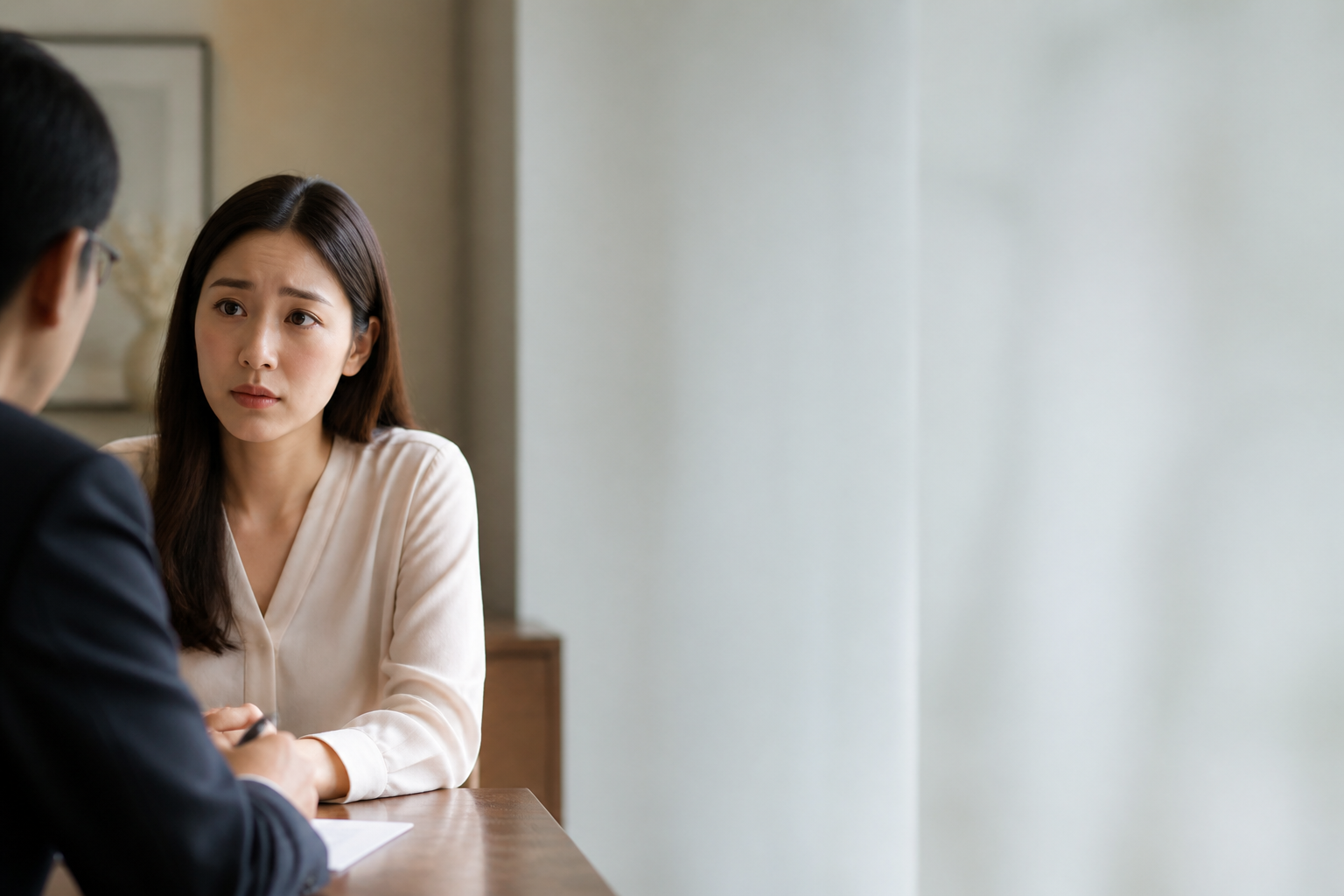 A mother sitting alone at home after family conflict, worried about separation and her child's future