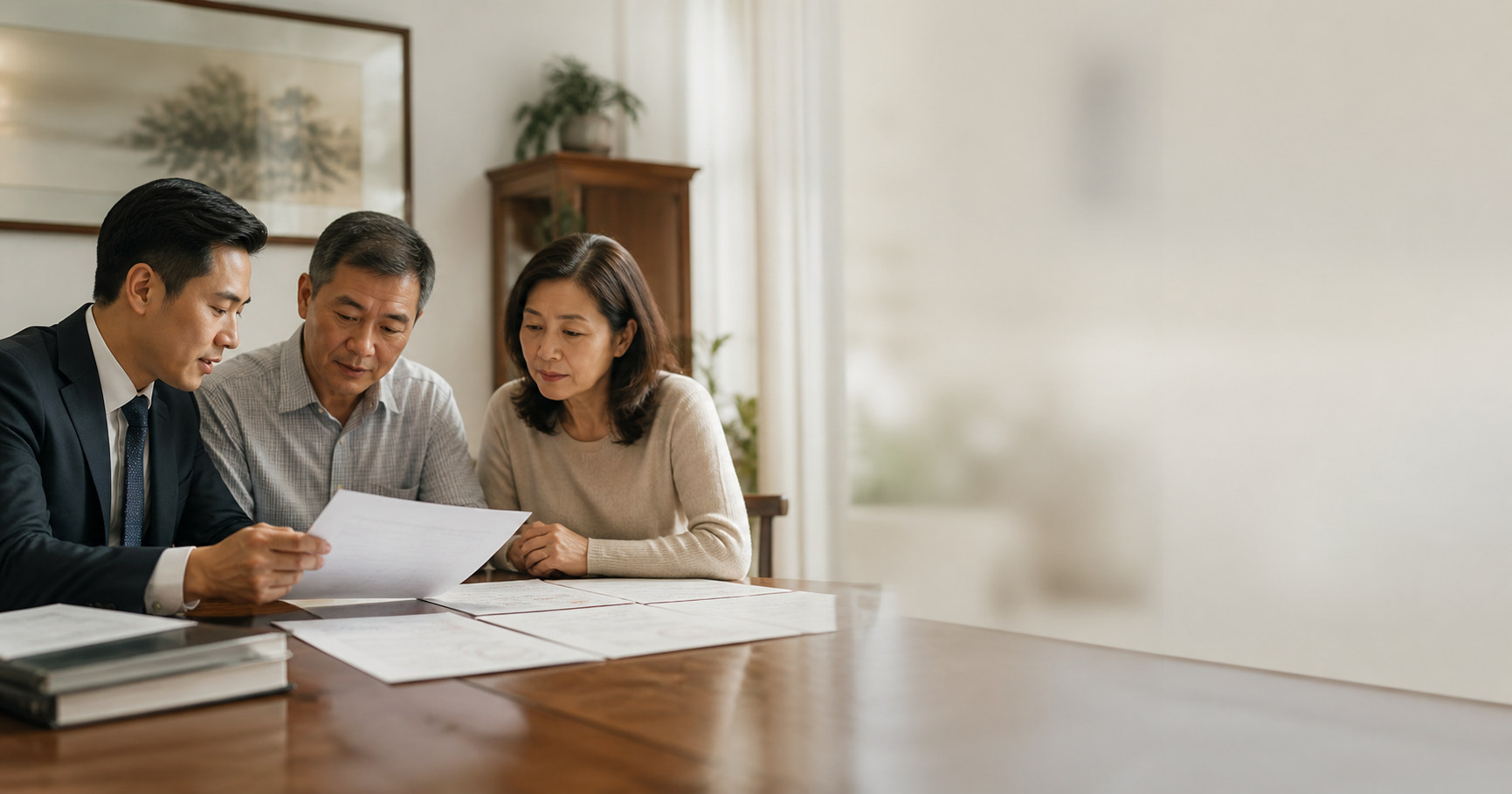 A family reviewing estate papers and legal documents after the loss of a loved one